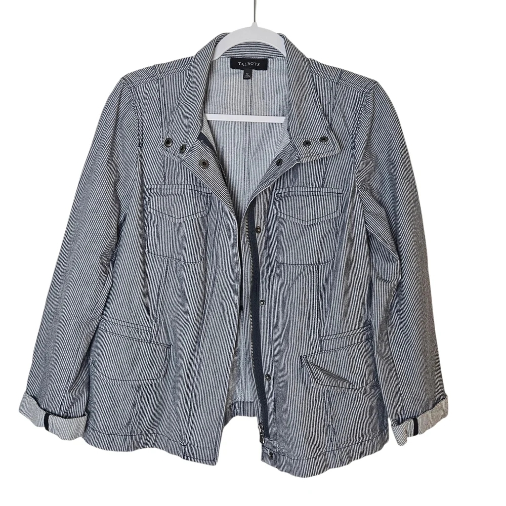 Talbots Blue Railroad Striped Full Zip Cotton Jacket With Snap Pockets Size 12 - Picture 2 of 9